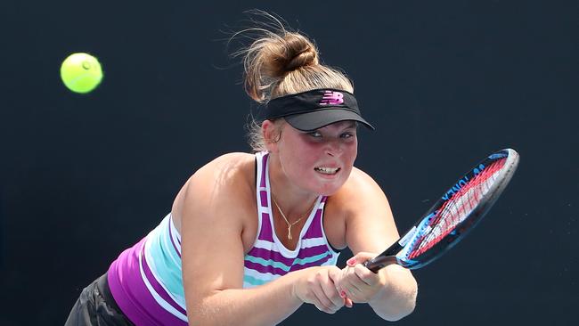 Charlotte Kempenaers-Pocz on her way to downing fellow Croweater Natasha Russell in the final of the Australian under-18 titles. Picture: Kelly Defina/Getty Images for Tennis Australia