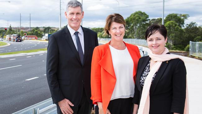 Roads, Maritime and Freight Minister Melinda Pavey (middle), Mulgoa MP Tanya Davies and Steven Head from RMS at the Old Wallgrove Rd, Eastern Creek.