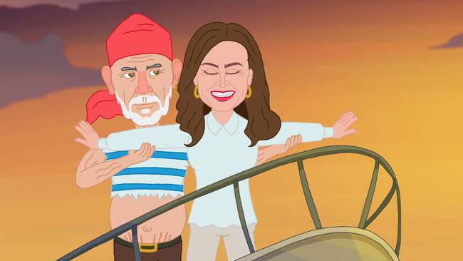 Peter FitzSimons, left, and Lisa Wilkinson as depicted in the cartoon series Please Explain.