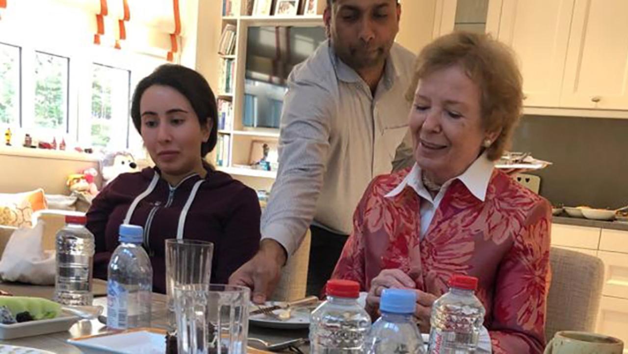 A handout image provided by United Arab Emirates News Agency shows Latifa having a meal with Mary Robinson, former president of Ireland, in Dubai. Picture: Stringer/AFP