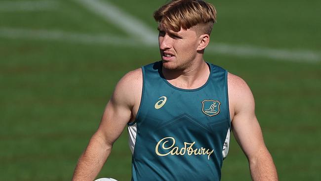 SAINT-ETIENNE, FRANCE - SEPTEMBER 20: Tate McDermott looks on during a Wallabies training session ahead of the Rugby World Cup France 2023, at Stade Roger Baudras on September 20, 2023 in Saint-Etienne, France. (Photo by Chris Hyde/Getty Images)