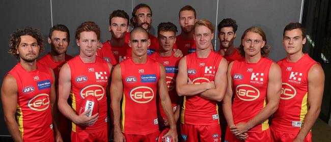 Queensland contingent on Gold Coast Suns list. From left: Jarrod Harbrow, Lachie Weller, Jesse Joyce, Caleb Graham, Jacob Dawson, Brayden Crossley (back), Jacob Heron (middle), Rory Thompson (back), Connor Nutting, Alex Sexton, Brad Scheer, Jack Bowes. Picture: Glenn Hampson