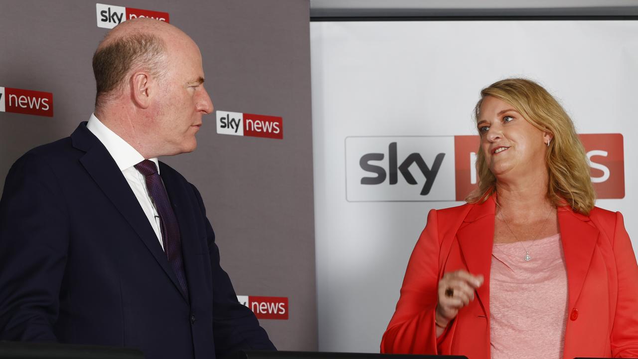 Liberal MP Trent Zimmerman and Independent Kylie Tink were involved in a fiery exchange at the Sky News North Sydney debate. Picture: Richard Dobson