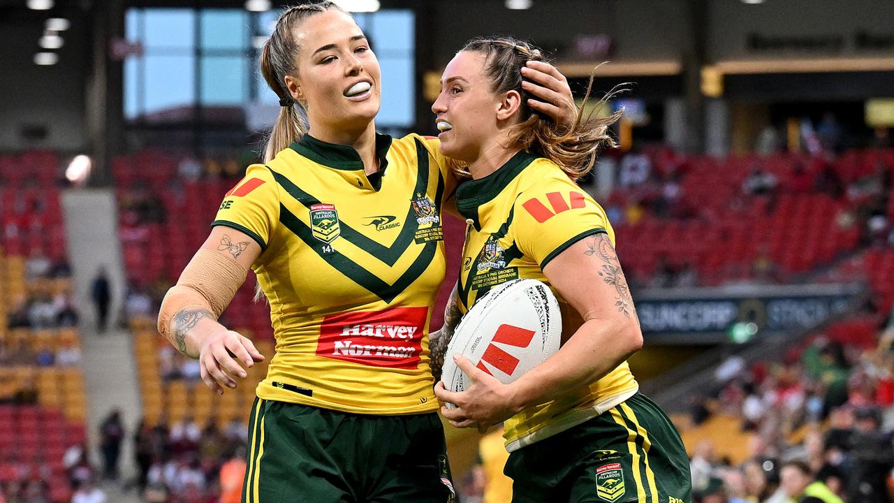 BRISBANE, AUSTRALIA - OCTOBER 18: Julia Robinson of the Jillaroos celebrates after scoring a try during the women's 2024 Pacific Championships match between Australia Jillaroos and PNG Orchids at Suncorp Stadium on October 18, 2024 in Brisbane, Australia. (Photo by Bradley Kanaris/Getty Images)