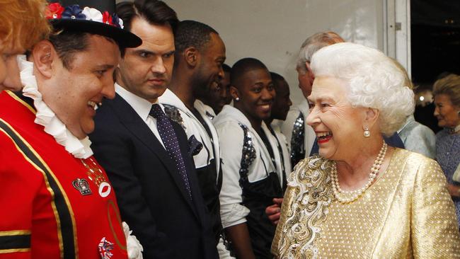 Queen Elizabeth II meets Jimmy Carr backstage after the Diamond Jubilee, Buckingham Palace Concert.