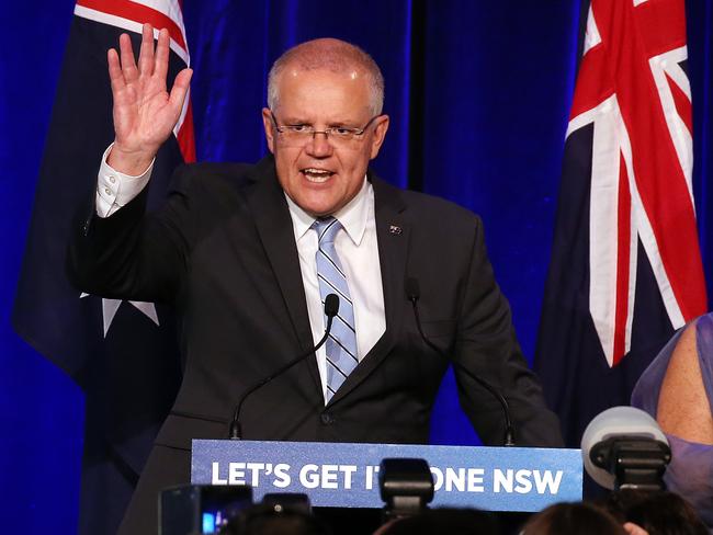 SUNDAY TELEGRAPH - 23/3/19NSW Premier Gladys Berejiklian wins in the 2019 NSW state election. PM Scott Morrison pictured on stage talking to the crowd before Gladys arrives.  Picture, Sam Ruttyn