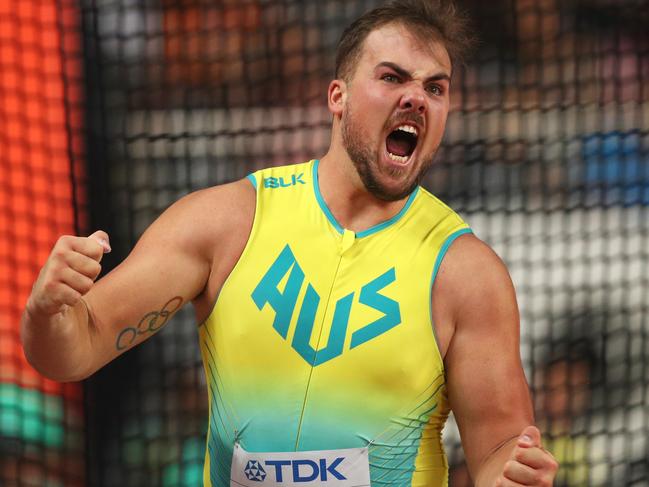DOHA, QATAR - SEPTEMBER 30: Matthew Denny of Australia reacts in the Men's Discus final during day four of 17th IAAF World Athletics Championships Doha 2019 at Khalifa International Stadium on September 30, 2019 in Doha, Qatar. (Photo by Patrick Smith/Getty Images)