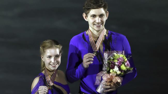 Ekaterina Alexandrovskaya and Harley Windsor of Australia, winners of the gold medal in junior pairs free skating at the World Junior Figure Skating Championships in Taipei.