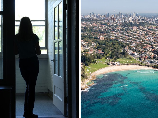 L: A woman stands inside a women's refuge in Sydney, R: aerial picture of Sydney's eastern suburbs