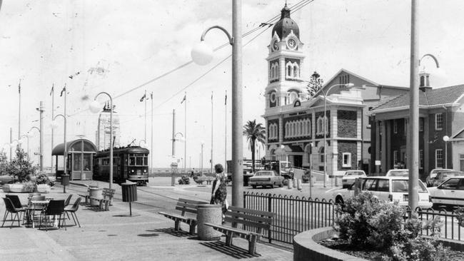 The Bay Tram at the terminus opposite the Town Hall in the newly paved and redeveloped Moseley Square in Glenelg, South Australia, December, 1986.