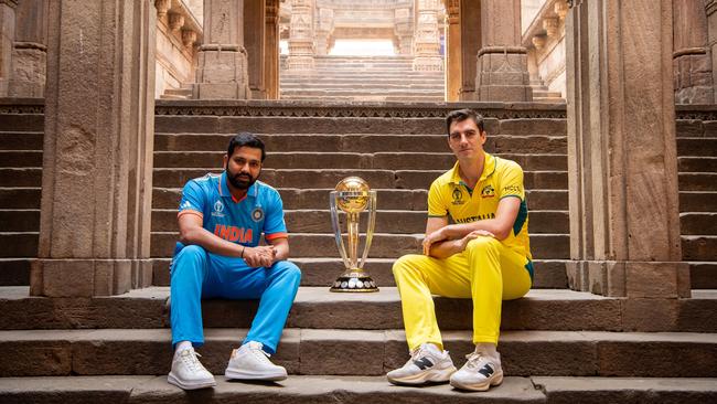 India Captain Rohit Sharma and Australia Captain Pat Cummins. Photo by Alex Davidson-ICC/ICC via Getty Images.