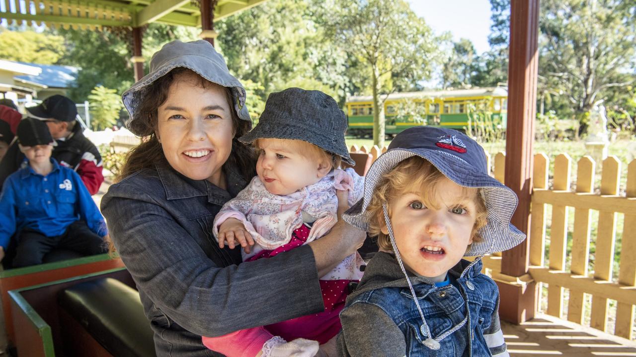 EVENTFUL WEEKEND: Ready for a trip on Myrtle May the steam train at Highfields Pioneer Village are (From left) Paula, Evie and Ryan Kavanagh. Picture: Nev Madsen.