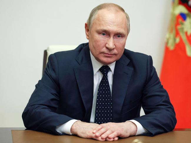 Russian President Vladimir Putin congratulates military and civilian personnel on Border Guards Day, at Novo-Ogaryovo state residence, outside Moscow. Picture: AFP