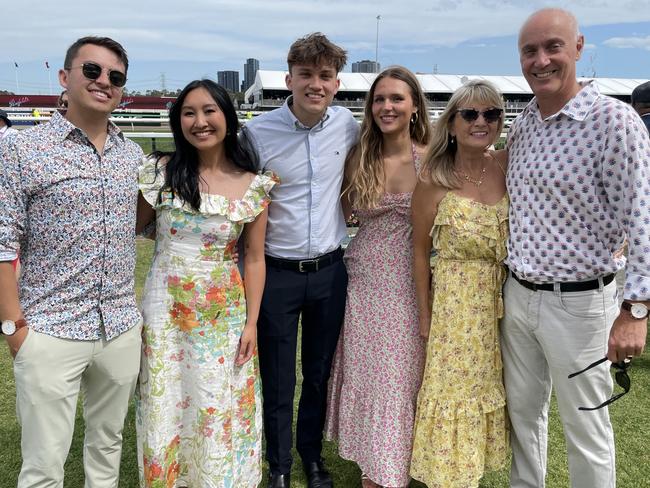 Alex, Linda, Jacqueline, Mike, Bella and Will at the 2024 Oaks Day. Picture: Himangi Singh.