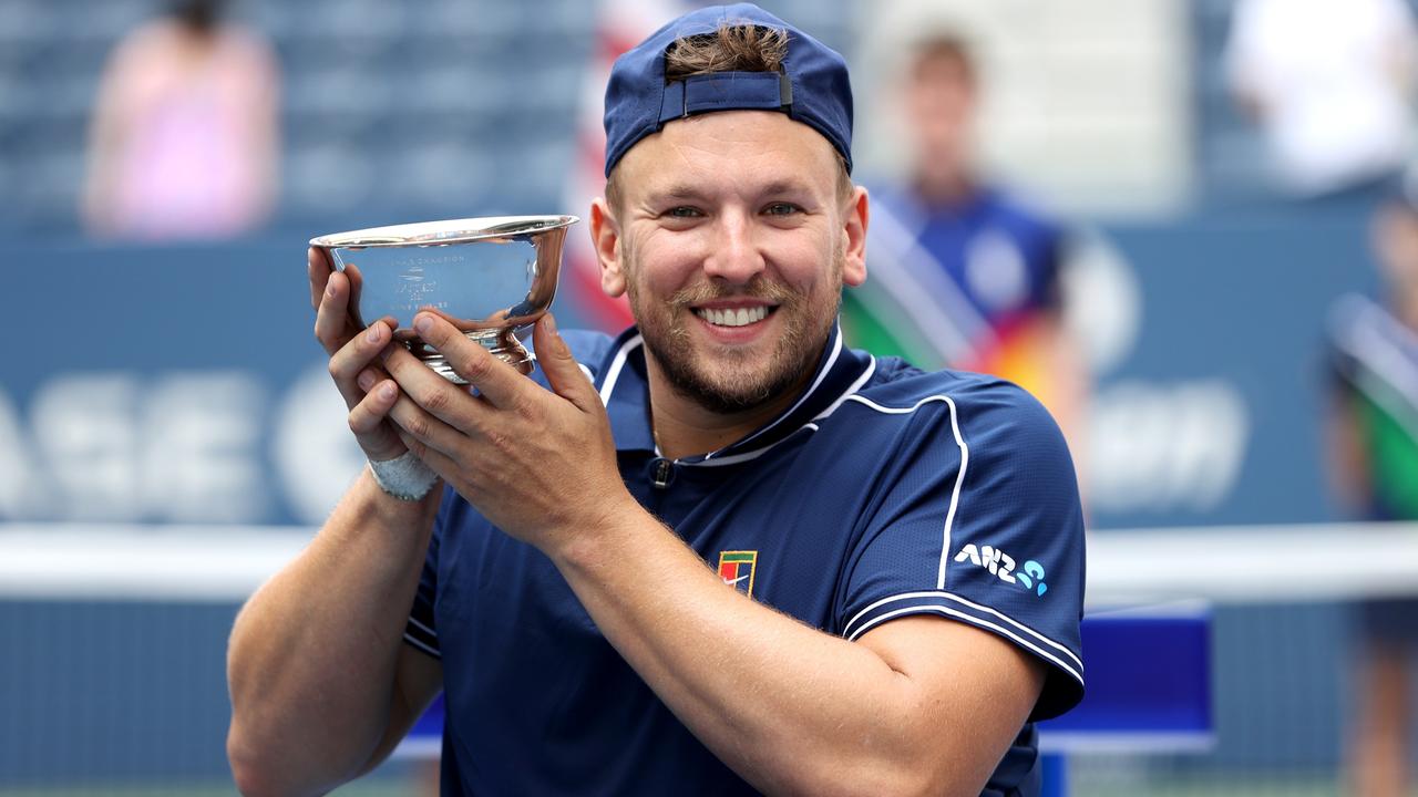 Dylan Alcott with his US Open trophy after defeating Niels Vink of the Netherlands to complete a Golden Slam in wheelchair quad singles. Picture: Getty Images