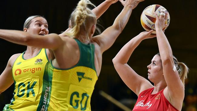 CAPE TOWN, SOUTH AFRICA - AUGUST 03: Sarah Klau of Australia and Eleanor Cardwell of England during the Netball World Cup 2023, Pool F match between Australia and England at Cape Town International Convention Centre Court 1 on August 03, 2023 in Cape Town, South Africa. (Photo by Ashley Vlotman/Gallo Images/Netball World Cup 2023 via Getty Images)