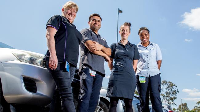 Theresa Duckworth, Barjesh Bhanot, Cherie Lees and Grace Adokorach at the new Logan Hospital staff car park. Picture: Richard Walker