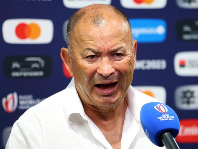 SAINT-ETIENNE, FRANCE - SEPTEMBER 17: Eddie Jones, Head Coach of Australia, speaks to the media at full-time following the Rugby World Cup France 2023 match between Australia and Fiji at Stade Geoffroy-Guichard on September 17, 2023 in Saint-Etienne, France. (Photo by Chris Hyde/Getty Images)