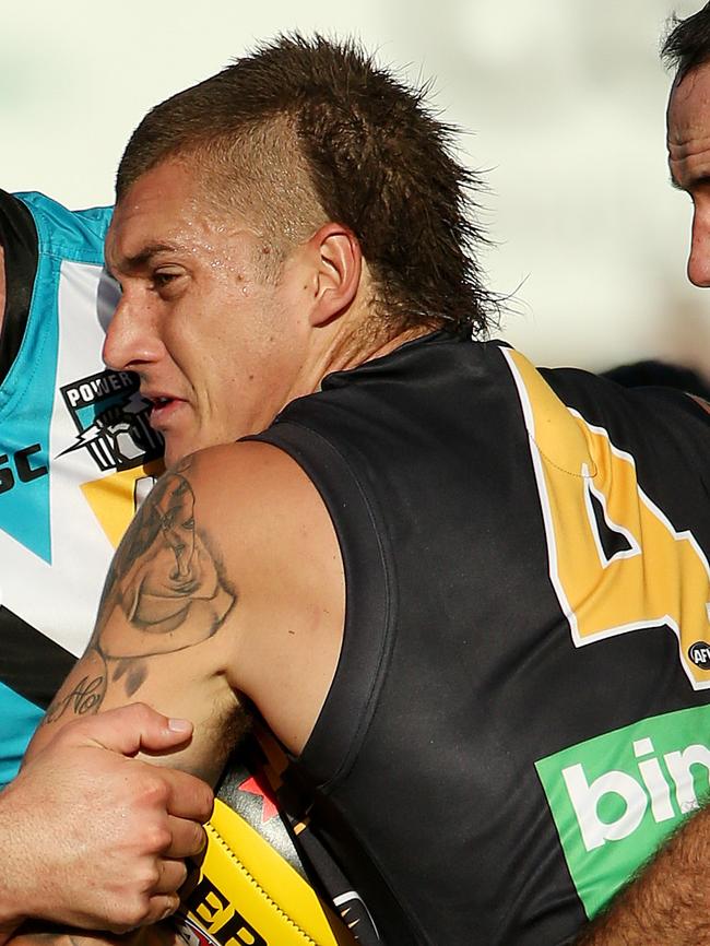 The haircut in full flight against Port Adelaide. Picture: Colleen Petch.