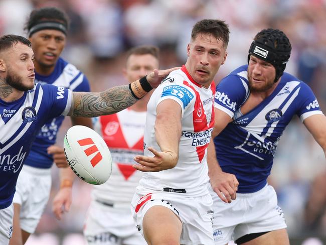 Lachlan Ilias has a tough afternoon against the Bulldogs. Picture: Mark Metcalfe/Getty Images