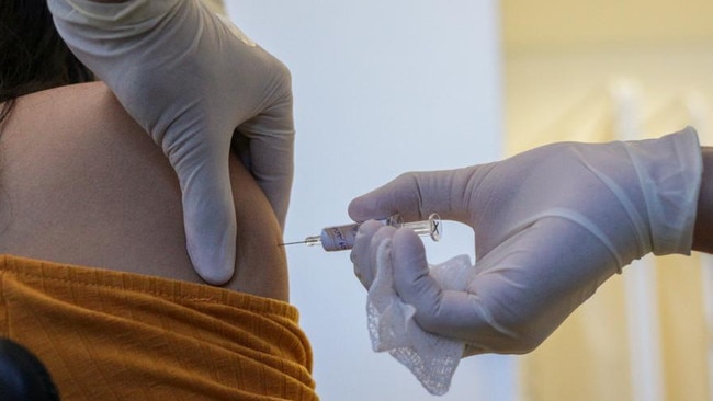 A volunteer receives a COVID-19 vaccine during a trial in Sao Paulo, Brazil. Picture: AFP