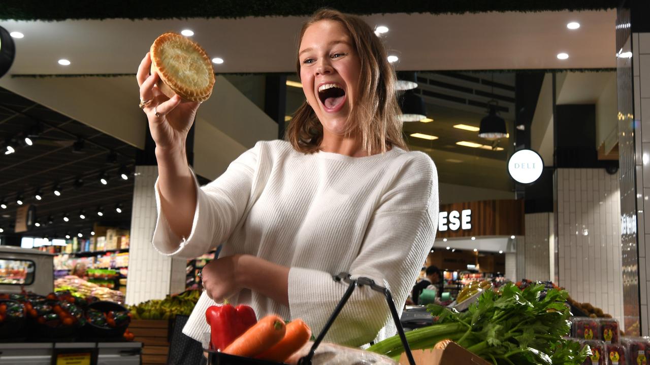 Millie Looker with a Balfours’ mushroom, kale and leek vegan pie at Romeo's Rundle Mall store. Picture: Tricia Watkinson