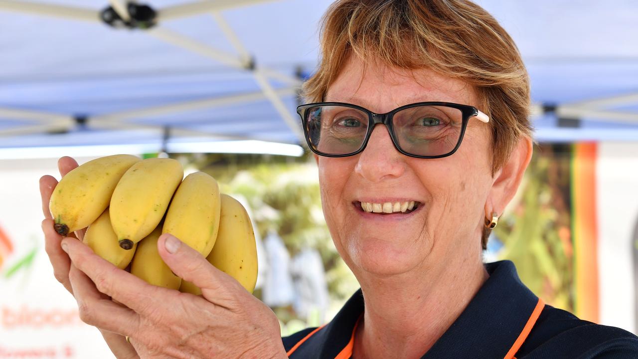 Lyn Palmer picked up some Ducasse sugar bananas from Venton's Tropical Blooms stall at the Greater Whitsunday Farmers Market. Picture: Tony Martin