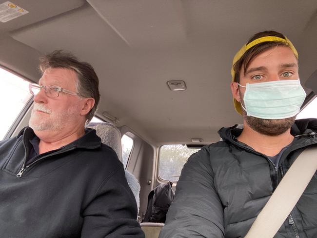 Touchdown in Burnie. Mark taking precautions after arriving from overseas.