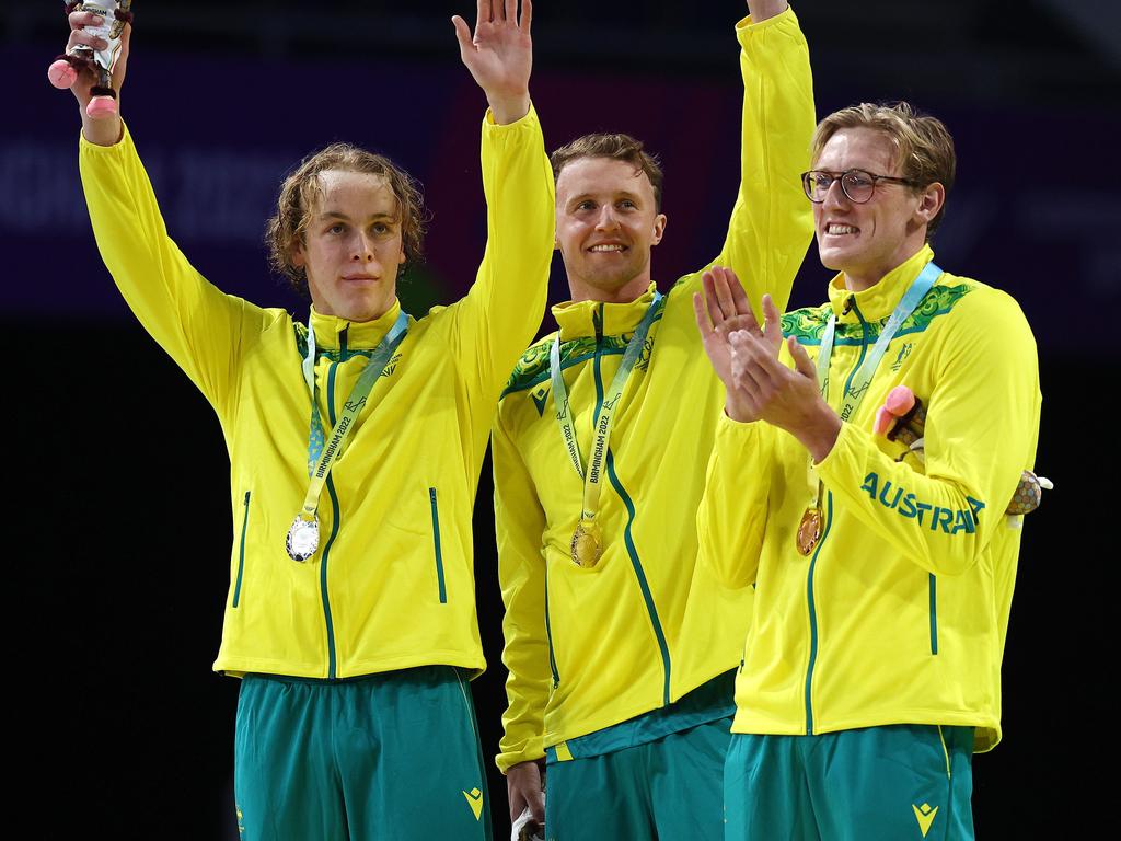 Winnington with Short and Horton after a clean sweep in the 400m freestyle. Picture: Michael Klein