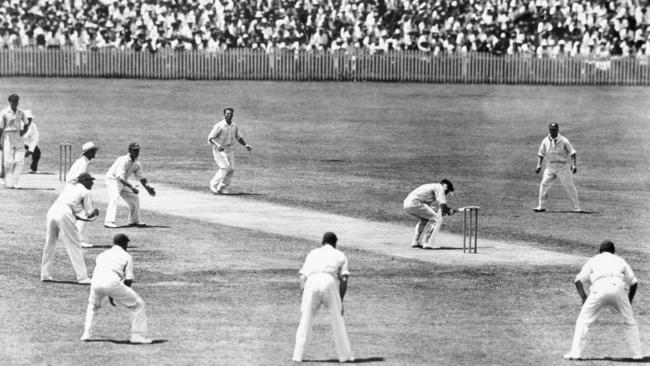 Australian batsman Bill Woodfull ducks a Harold Larwood bouncer in Brisbane.