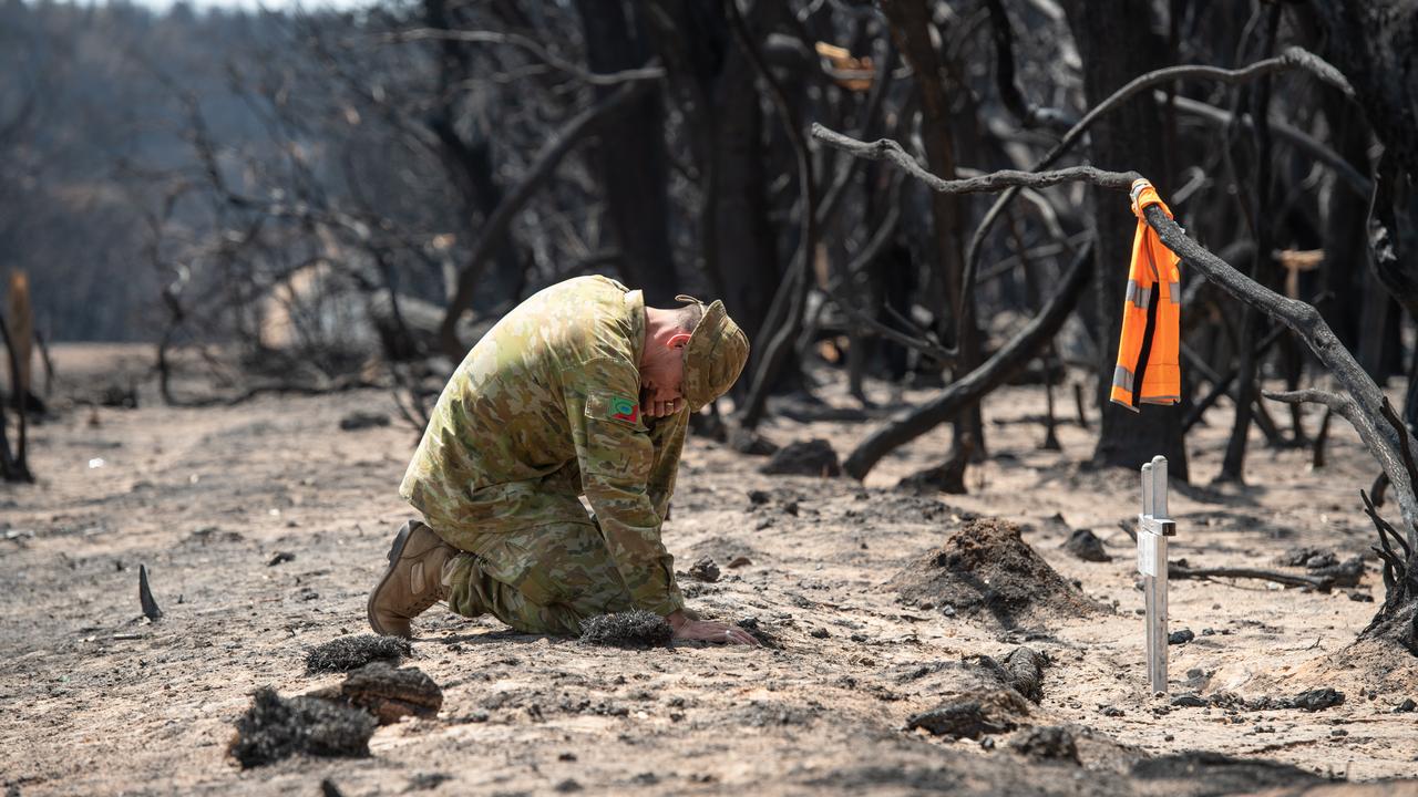 Lieutenant Kynan Lang visits the site on Kangaroo Island where his uncle and cousin were killed in the bushfire on January 3. Picture: Brad Fleet