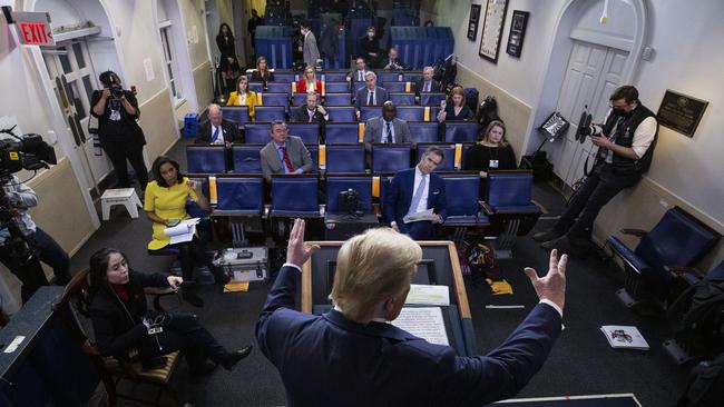 Donald Trump, in the James Brady Press Briefing Room of the White House, will appear less frequently on the advice of his own aides who fear he is damaging his re-election prospects.