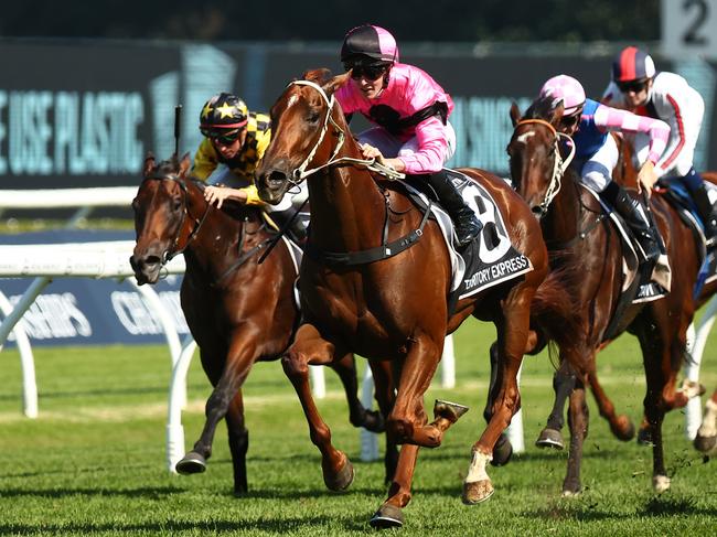 SYDNEY, AUSTRALIA - APRIL 13: Zac Lloyd riding Territory Express wins Race 3 Polytrack Provincial-Midway Championship Final during Sydney Racing: The Championships at Royal Randwick Racecourse on April 13, 2024 in Sydney, Australia. (Photo by Jeremy Ng/Getty Images)