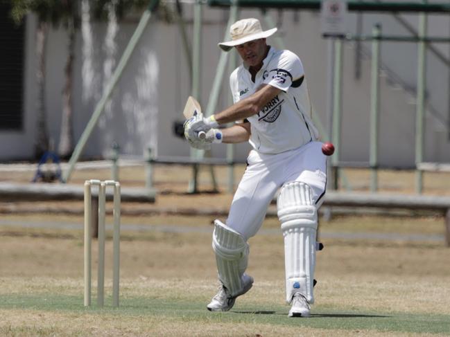 Action from the Cricket Gold Coast third grade game, which doubled as a tribute to Vikas Malhotra, between Queens and Palm Beach at Dux Oval. Queens’ Peter Goodchap. Picture: Jodie Henderson