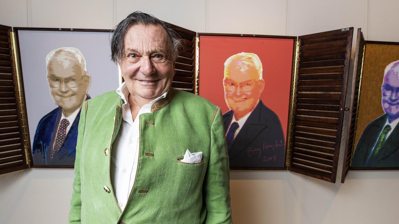 The late Barry Humphries visited Philip Bacon Galleries for an exhibition of his paintings. Picture: Lachie Millard