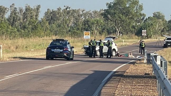A woman is dead and three more people have been injured after two vehicles collided on Kirkland Rd, Durack, on May 14, 2025. Picture: Nathaniel Chambers