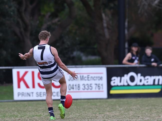 Kaolan Thornton boots a goal. Picture: Doug Farr