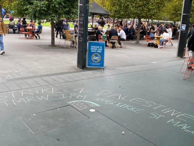 Students are being confronted with posters and protests at Monash University, with one flyer calling for students to go to a Pro-Palestine rally instead of class. Picture: Supplied