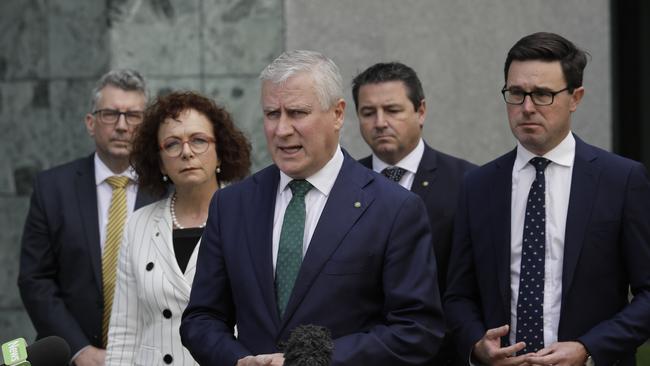 Deputy Prime Minister Michael McCormack and the Nationals parliamentary team hold a press conference at Parliament House in Canberra today. Picture: Sean Davey