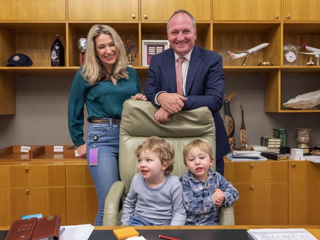 CANBERRA, AUSTRALIA - NewsWire Photos JUNE 25, 2021:  Deputy Prime Minister of Australia Barnaby Joyce, Vikki Campion and their children, Sebastian and Thomas in his office at Parliament House in Canberra. Picture: NCA NewsWire / Martin Ollman