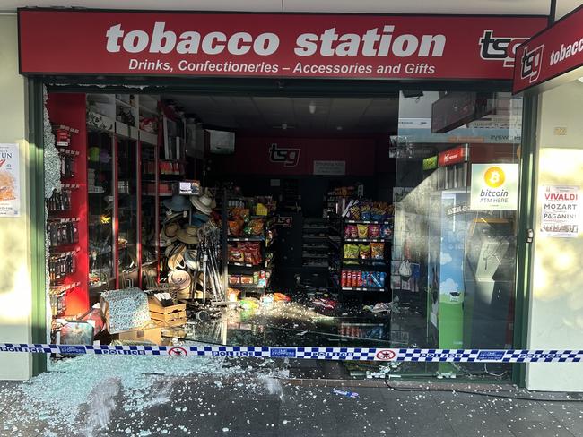 Police have launched an investigation after a vehicle was used to ram into a retail store in Lane Cove early Wednesday morning. Picture: Elliott Stewart