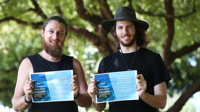 Brisbane friends Deryn Cox and Mark McVeigh won a $200 gift voucher to spend in the Far North on their holiday. Picture: Brendan Radke