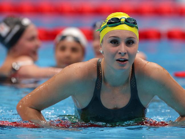 Keira Stephens reacts after winning the bronze medal in the Women's 100m Breaststroke. Picture: Getty Images