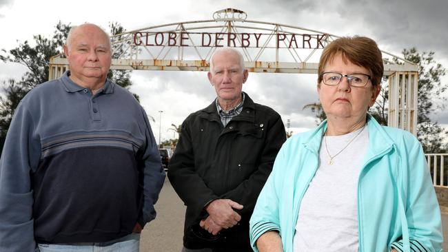 Former SA Harness Racing Club committee members (from left) Des Farrow, Bob Stanley, and Lynne Copeland quit over a $3.5m loan. Picture: Dean Martin