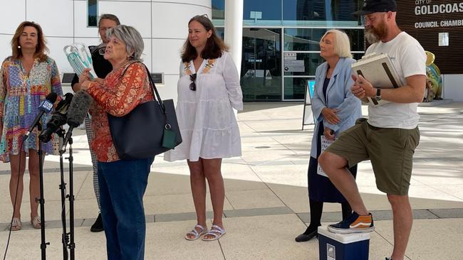 Environmental leaders led by Sally Spain (second from the right) outside the Gold Coast City Council discussing the Albert River sewerage leak.