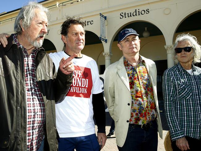 Actor Michael Caton, Brendan Gallagher from karma County, Dave Faulkner from Hoodoo Gurus, and Peter O'Doherty from Dog Trumpet and Mental as Anything led a community rally against the redevelopment. Picture: John Appleyard