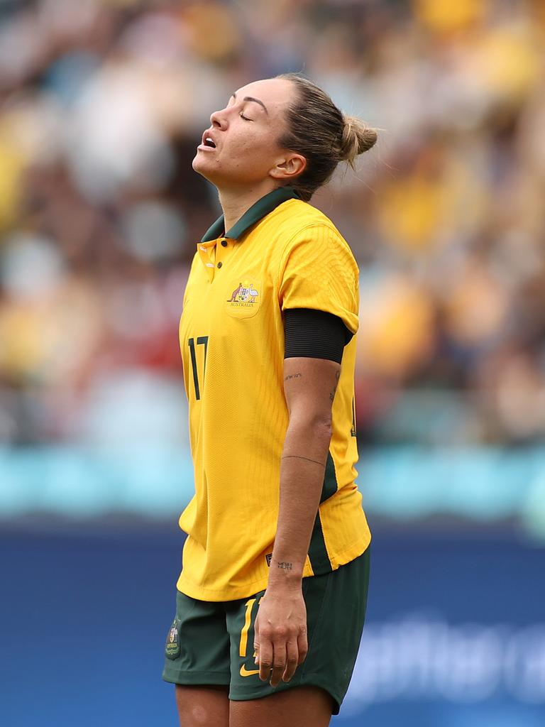 SYDNEY, AUSTRALIA - NOVEMBER 27: Kyah Simon of the Matildas reacts during game one of the series International Friendly series between the Australia Matildas and the United States of America Women's National Team at Stadium Australia on November 27, 2021 in Sydney, Australia. (Photo by Mark Kolbe/Getty Images)