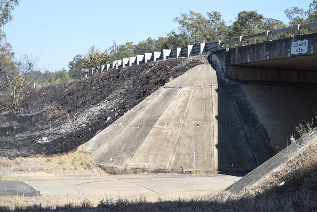 The underpass along Philps Rd, Grantham, where the fire reached the Warrego Highway. Picture: Ali Kuchel