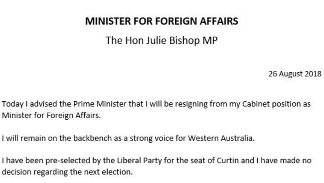 Julie Bishop resigns as Foreign Minister of Australia in a statement.