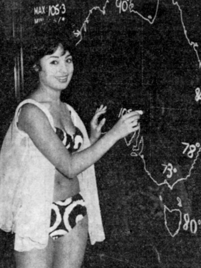 SA TV presenter Anne Wills presenting weather forecast wearing bikini 15 Jan 1966.